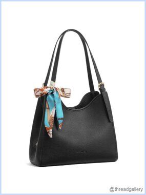 Pebbled Leather Shoulder Bag 3-Compartment Handbag with Scarf